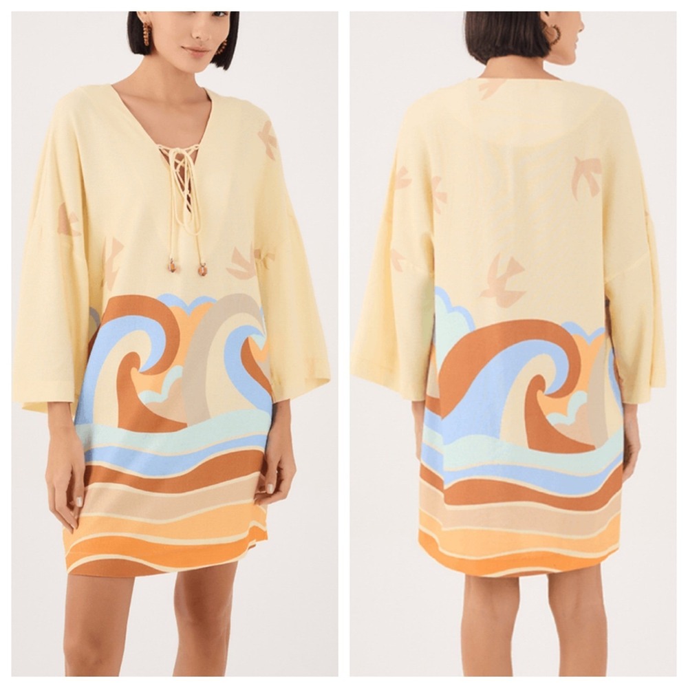 Dress To Linen Blend Lace‎ Up Wave Graphic Tunic Top Cream Women Medium